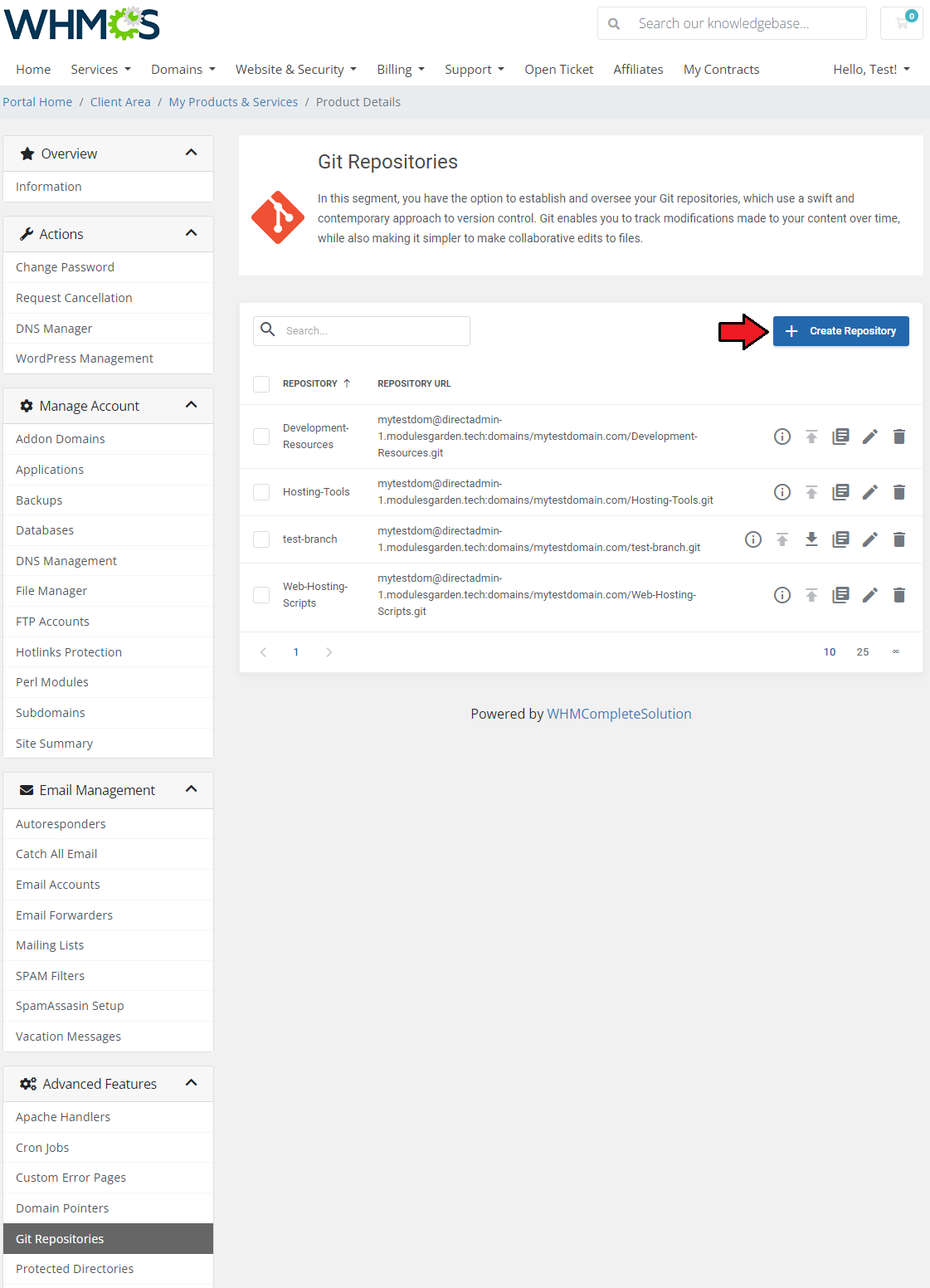 DirectAdmin Extended For WHMCS: Git Repositories list with the Create Repository button marked by a red arrow
