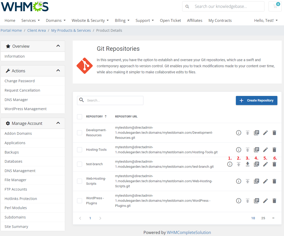 DirectAdmin Extended For WHMCS: Git Repositories list in the client area with numbered action icons for each repository