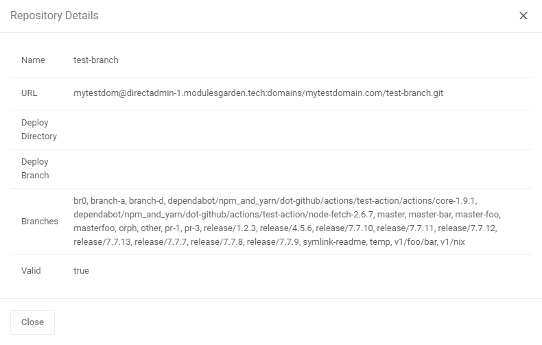 DirectAdmin Extended For WHMCS: Repository Details window with name, URL, deploy settings, branches list and valid