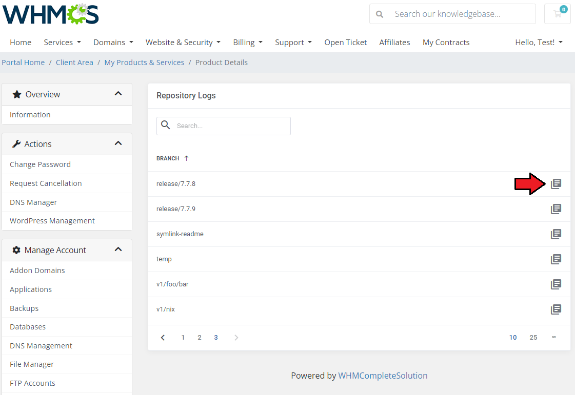 DirectAdmin Extended For WHMCS: Repository Logs list of branches with the logs icon marked by an arrow