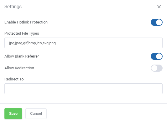 DirectAdmin Extended For WHMCS: Hotlink Protection Settings dialog with file types, blank referrer and redirection