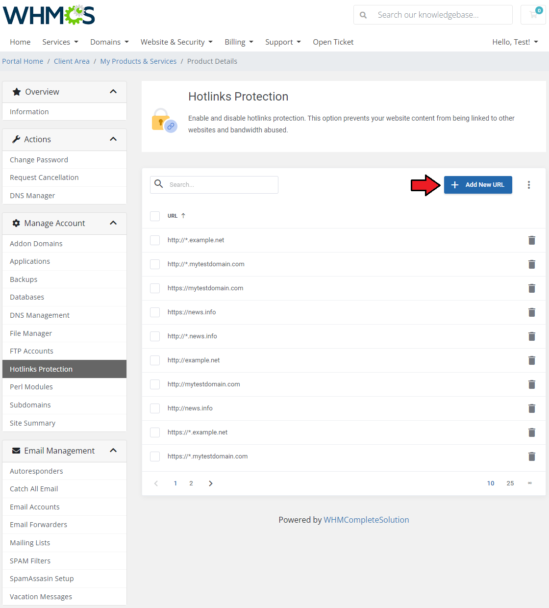 DirectAdmin Extended For WHMCS: Hotlinks Protection URL list with the Add New URL button marked with an arrow