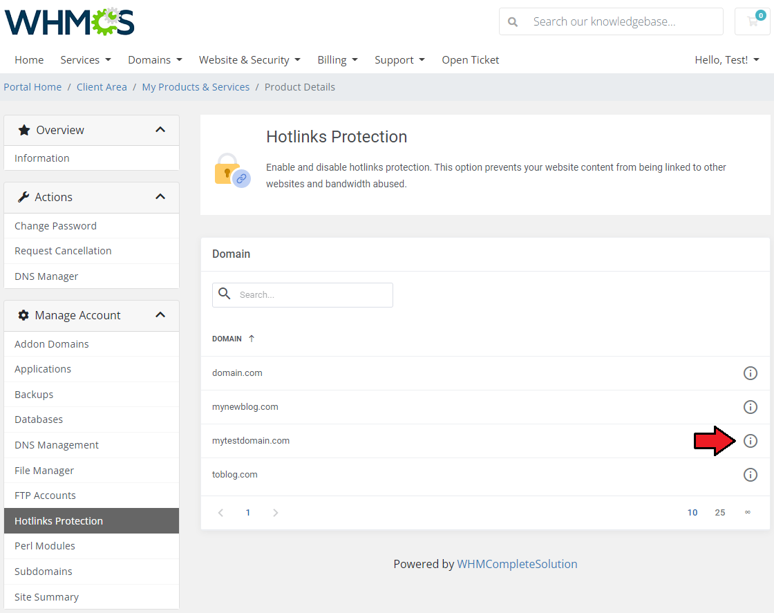 DirectAdmin Extended For WHMCS: Hotlinks Protection page with the domains list and the information icon marked with an