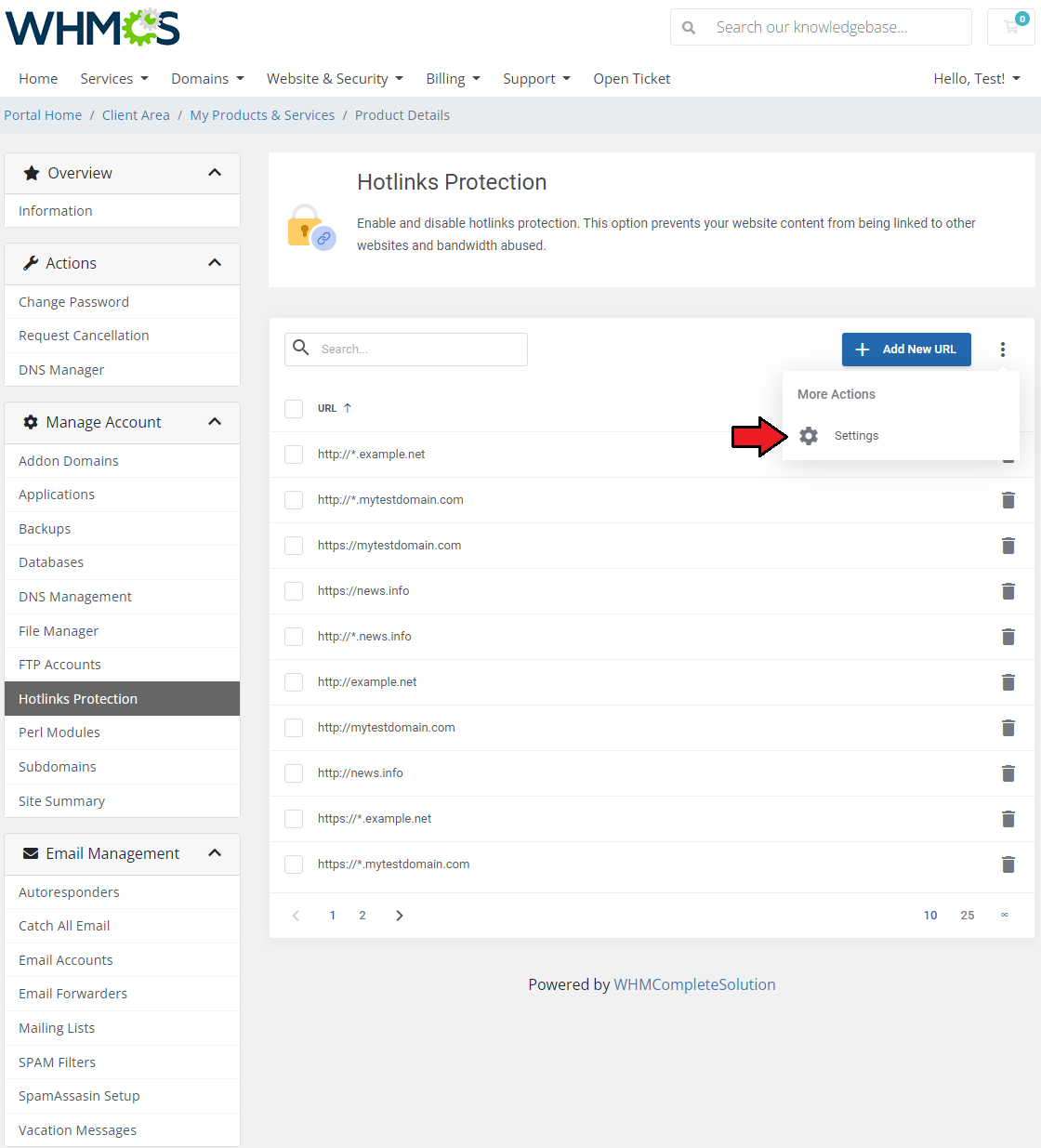 DirectAdmin Extended For WHMCS: Hotlinks Protection URL list with the More Actions menu and Settings option marked