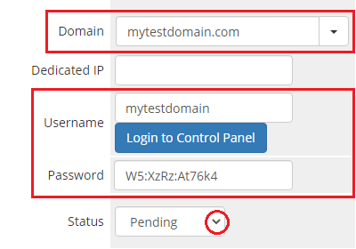 DirectAdmin Extended For WHMCS: WHMCS service with Domain, Username, Password and Status set to Pending