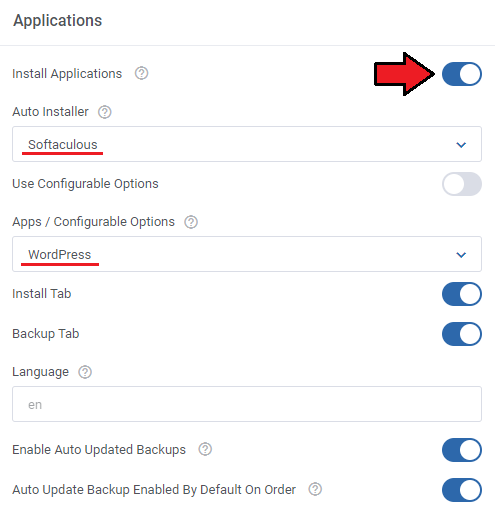 DirectAdmin Extended For WHMCS: Applications settings with Install Applications, Softaculous and WordPress