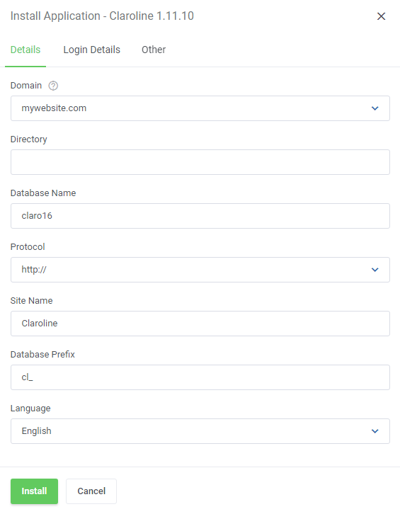 DirectAdmin Extended For WHMCS: Install Application dialog for Claroline with domain, directory, database and site