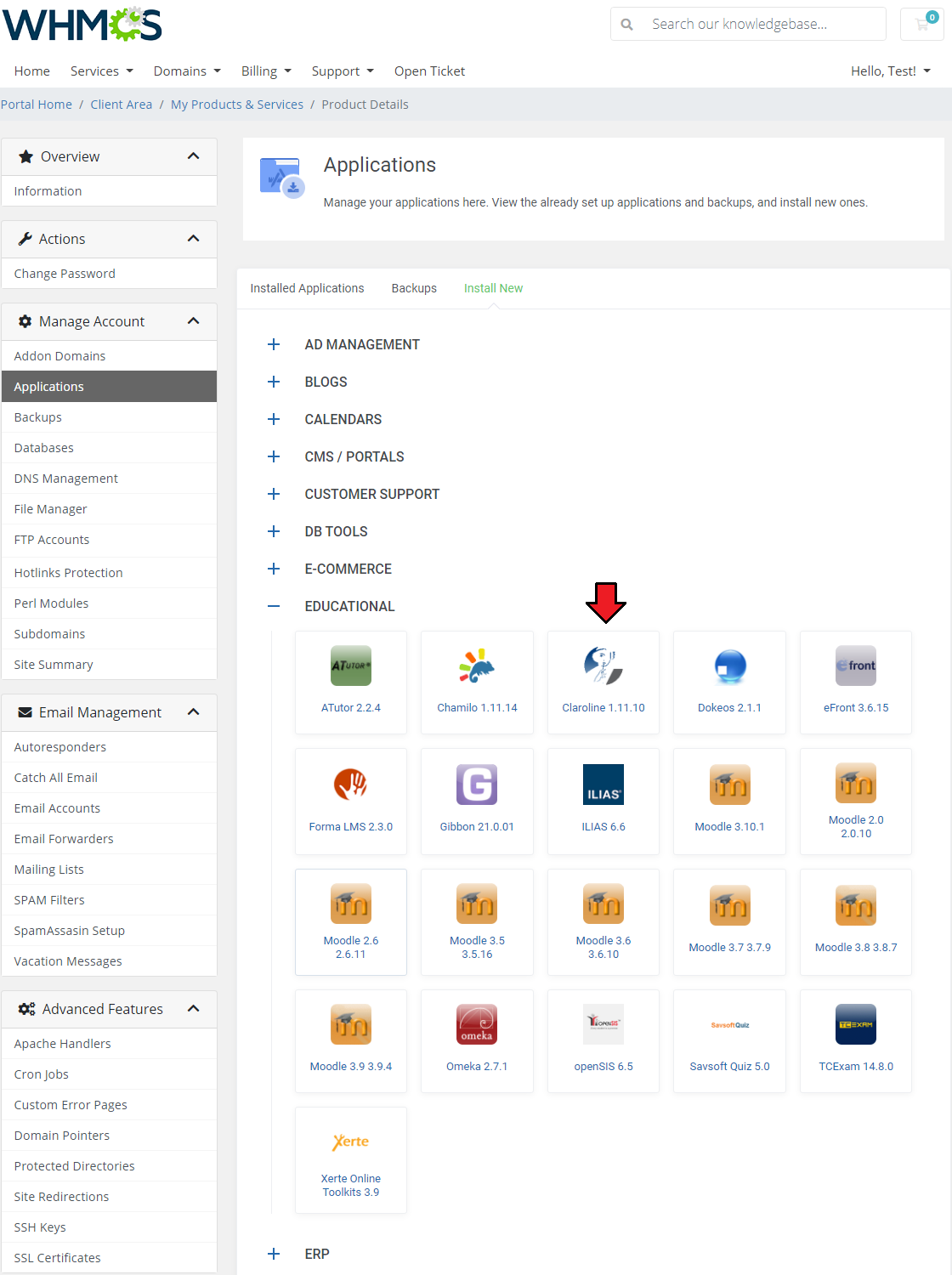 DirectAdmin Extended For WHMCS: Install New tab with the Educational category expanded and the Claroline application