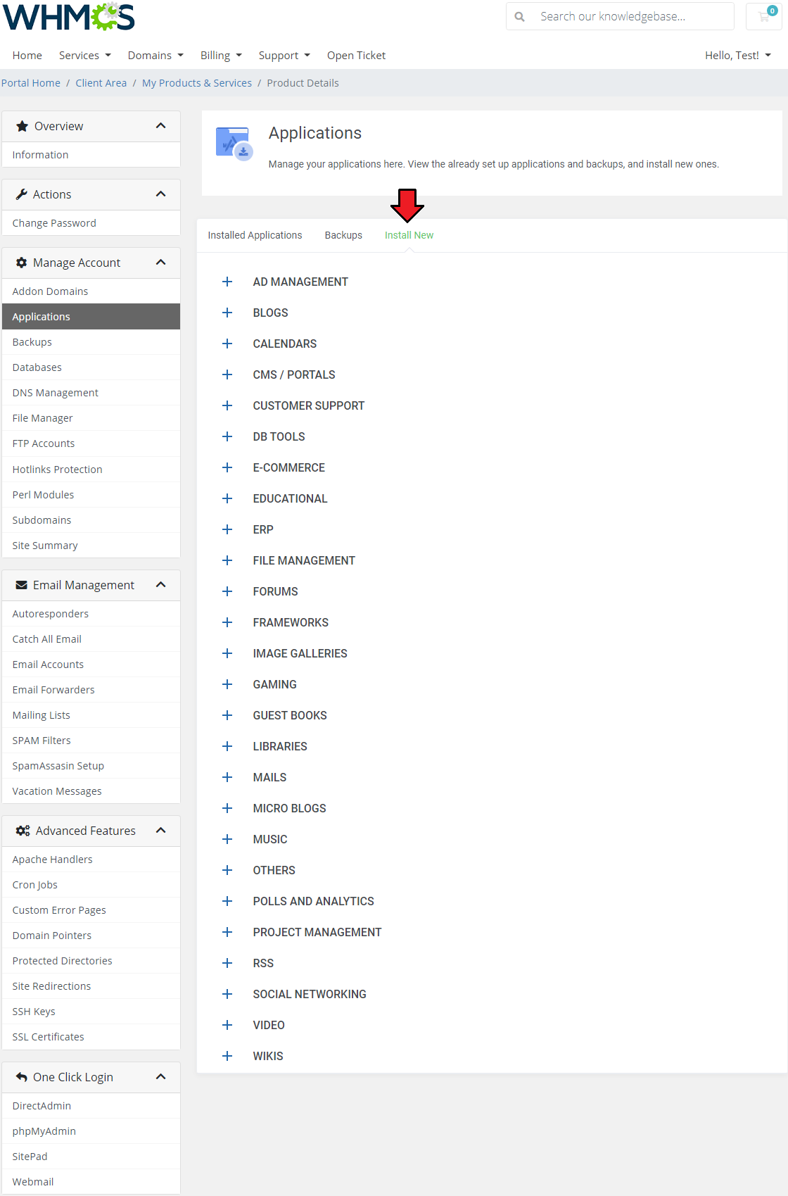 DirectAdmin Extended For WHMCS: Applications page, Install New tab, with a list of application categories