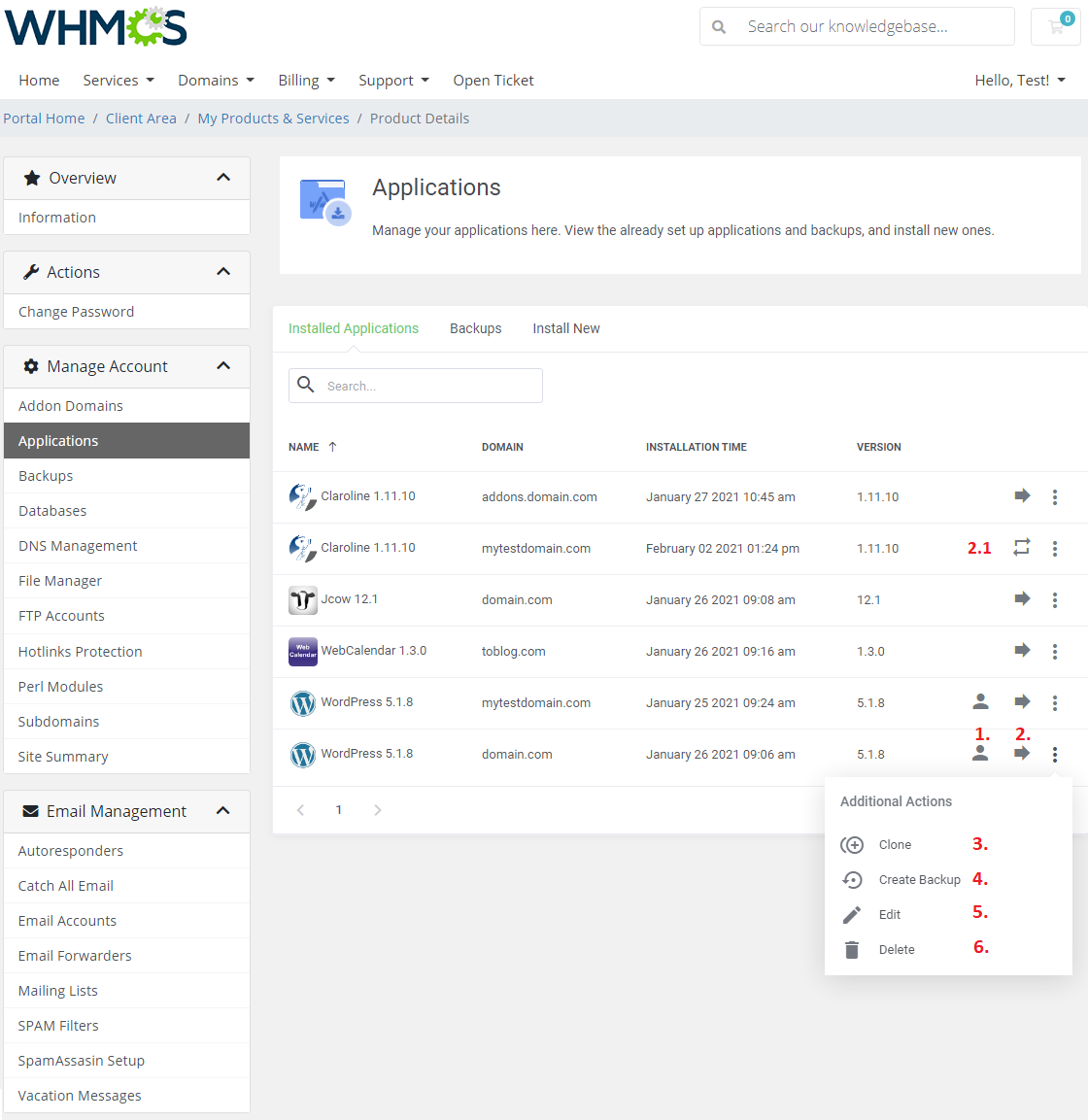 DirectAdmin Extended For WHMCS: Installed Applications list with numbered action icons and the Additional Actions menu