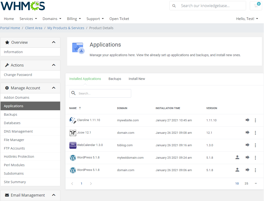 DirectAdmin Extended For WHMCS: Installed Applications tab listing Claroline and other installed applications with