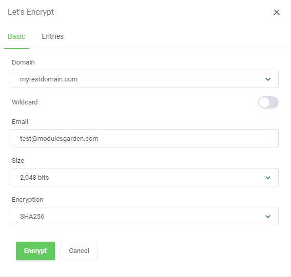 DirectAdmin Extended For WHMCS: Let's Encrypt form, Basic tab, with domain, wildcard, email, key size and encryption