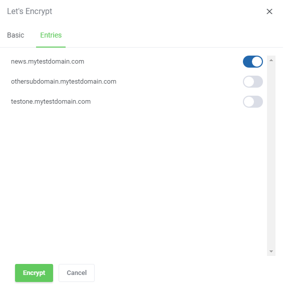 DirectAdmin Extended For WHMCS: Let's Encrypt form, Entries tab, with switches for each subdomain of the selected domain