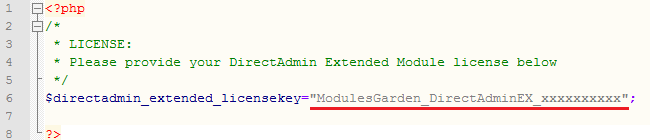 DirectAdmin Extended For WHMCS: license.php file with the license key entered between quotation marks