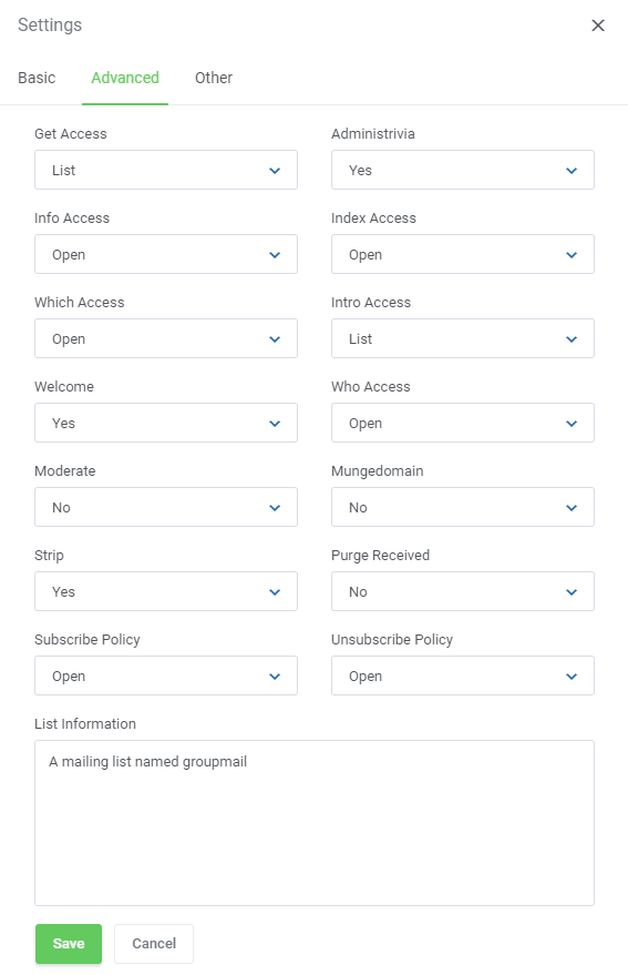DirectAdmin Extended For WHMCS: Mailing list Settings dialog on the Advanced tab with access and policy drop-down lists