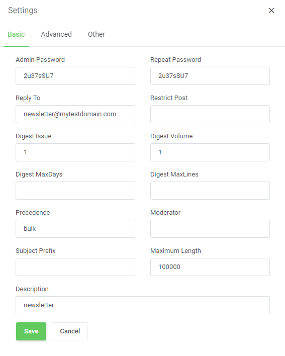 DirectAdmin Extended For WHMCS: Mailing list Settings dialog on the Basic tab with password, reply to and digest fields