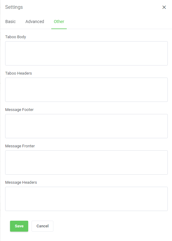 DirectAdmin Extended For WHMCS: Mailing list Settings dialog on the Other tab with taboo and message text areas
