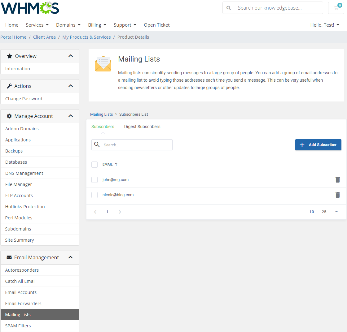 DirectAdmin Extended For WHMCS: Mailing Lists Subscribers List with the Subscribers and Digest Subscribers tabs