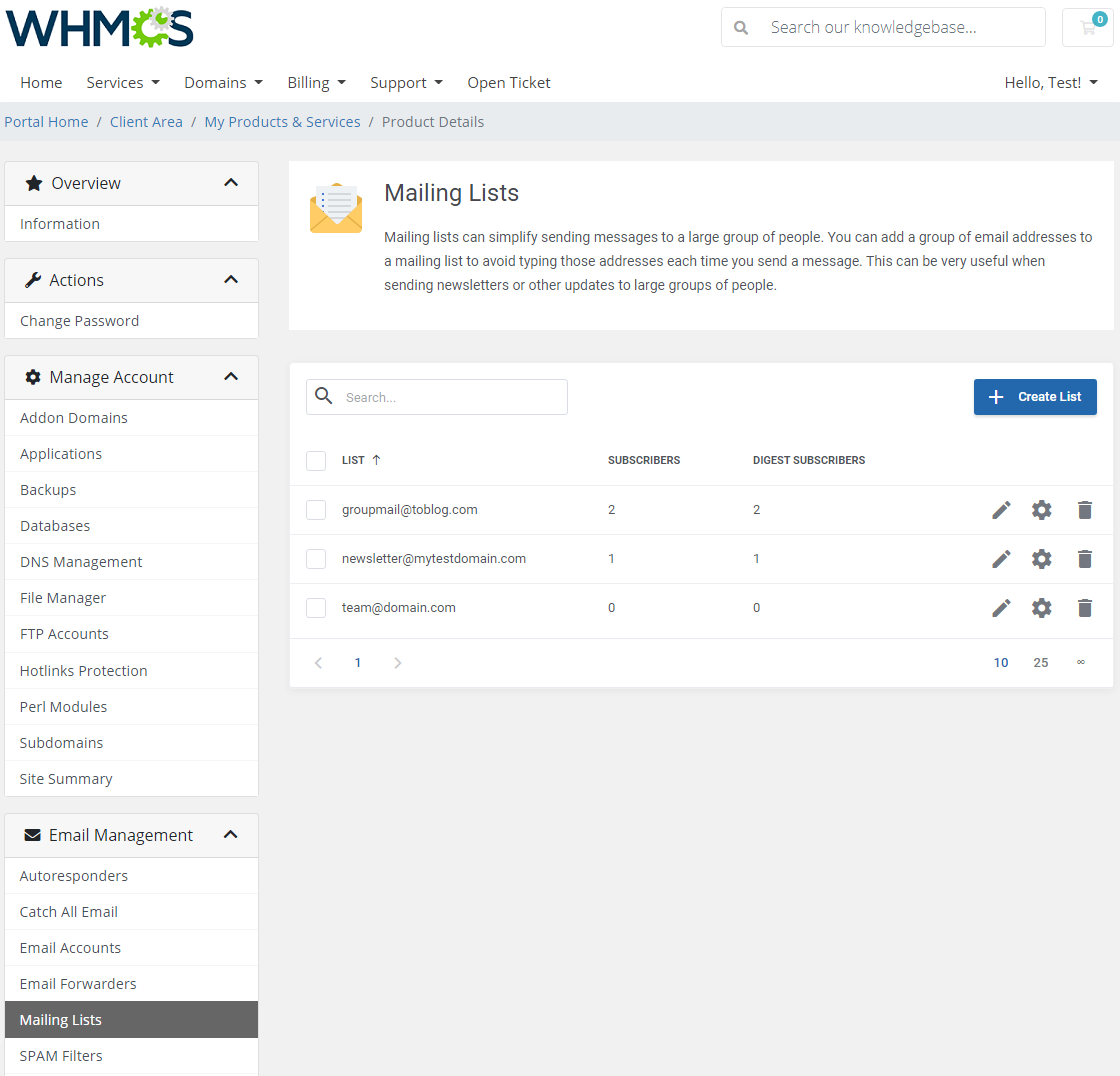 DirectAdmin Extended For WHMCS: Mailing Lists table with subscriber counts and edit, settings and delete action buttons