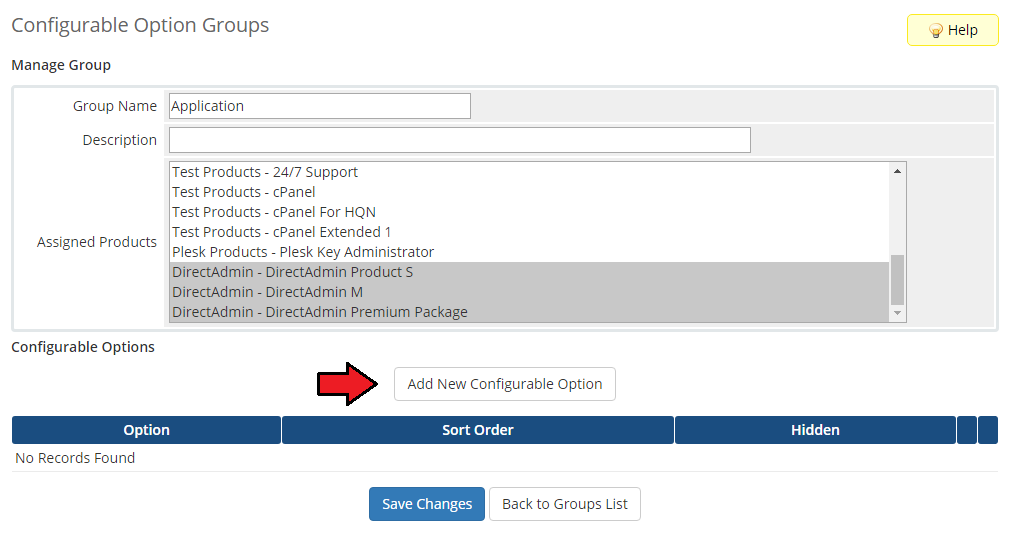 DirectAdmin Extended For WHMCS: WHMCS Manage Group page with the Add New Configurable Option button and empty options