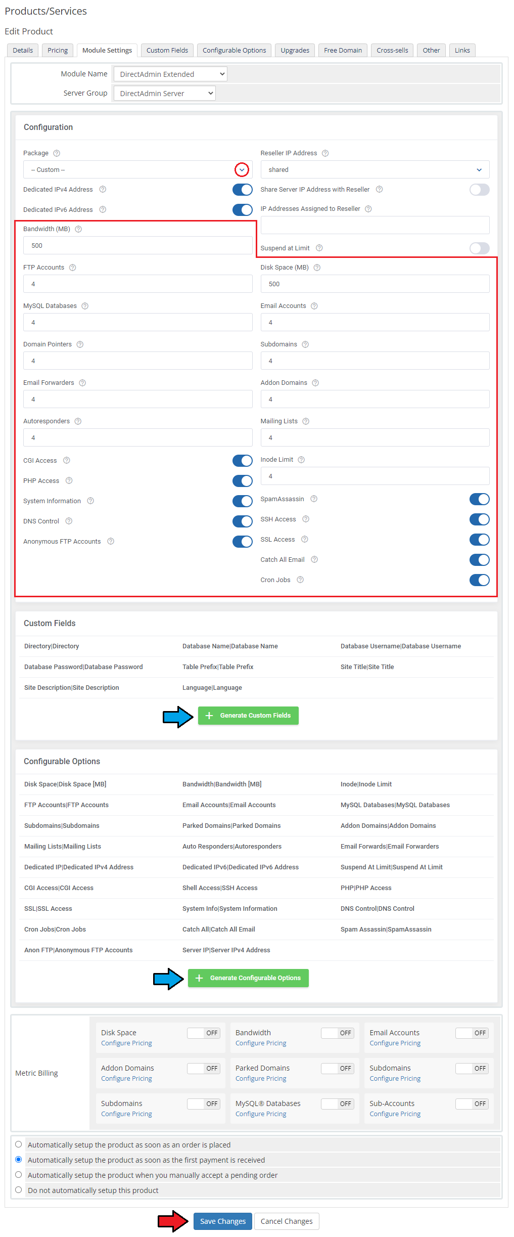 DirectAdmin Extended For WHMCS: Module Settings with a custom package and resource limit fields