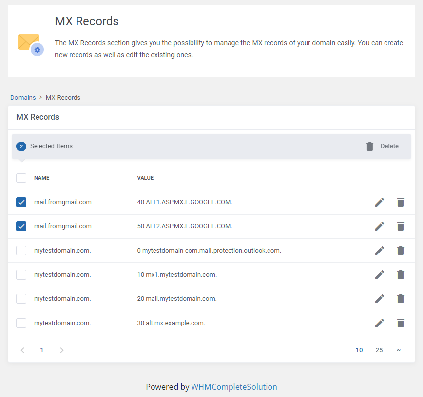 DirectAdmin Extended For WHMCS: MX Records list with two records selected and the bulk Delete button in the selection