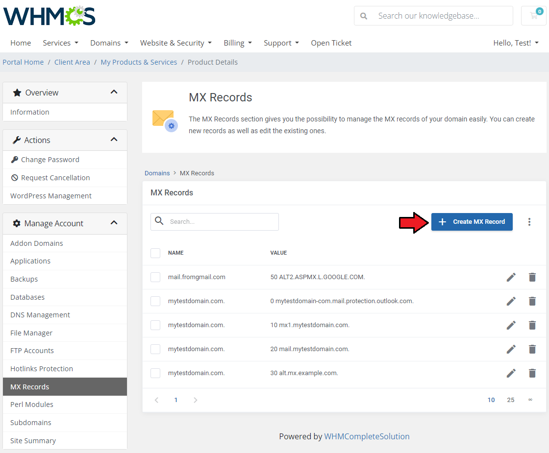 DirectAdmin Extended For WHMCS: MX Records list for a domain with the Create MX Record button marked with an arrow