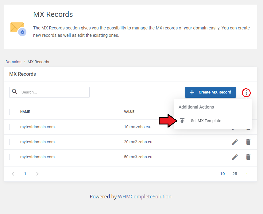 DirectAdmin Extended For WHMCS: MX Records More Actions menu with the Set MX Template option marked with an arrow