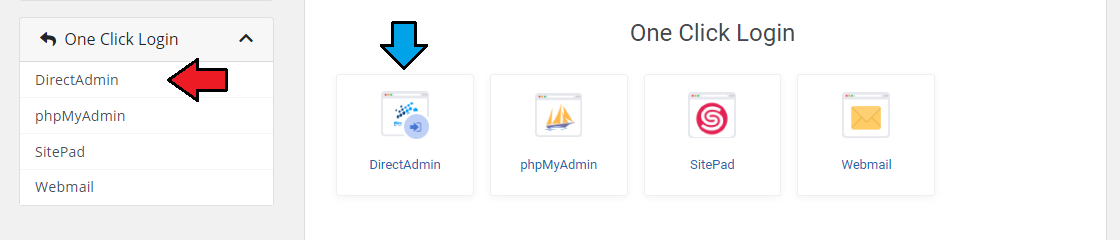 DirectAdmin Extended For WHMCS: client area One Click Login page with the DirectAdmin button highlighted
