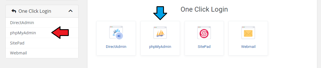 DirectAdmin Extended For WHMCS: client area One Click Login page with the phpMyAdmin button highlighted