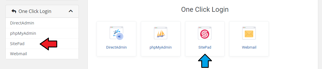 DirectAdmin Extended For WHMCS: client area One Click Login page with the SitePad button highlighted