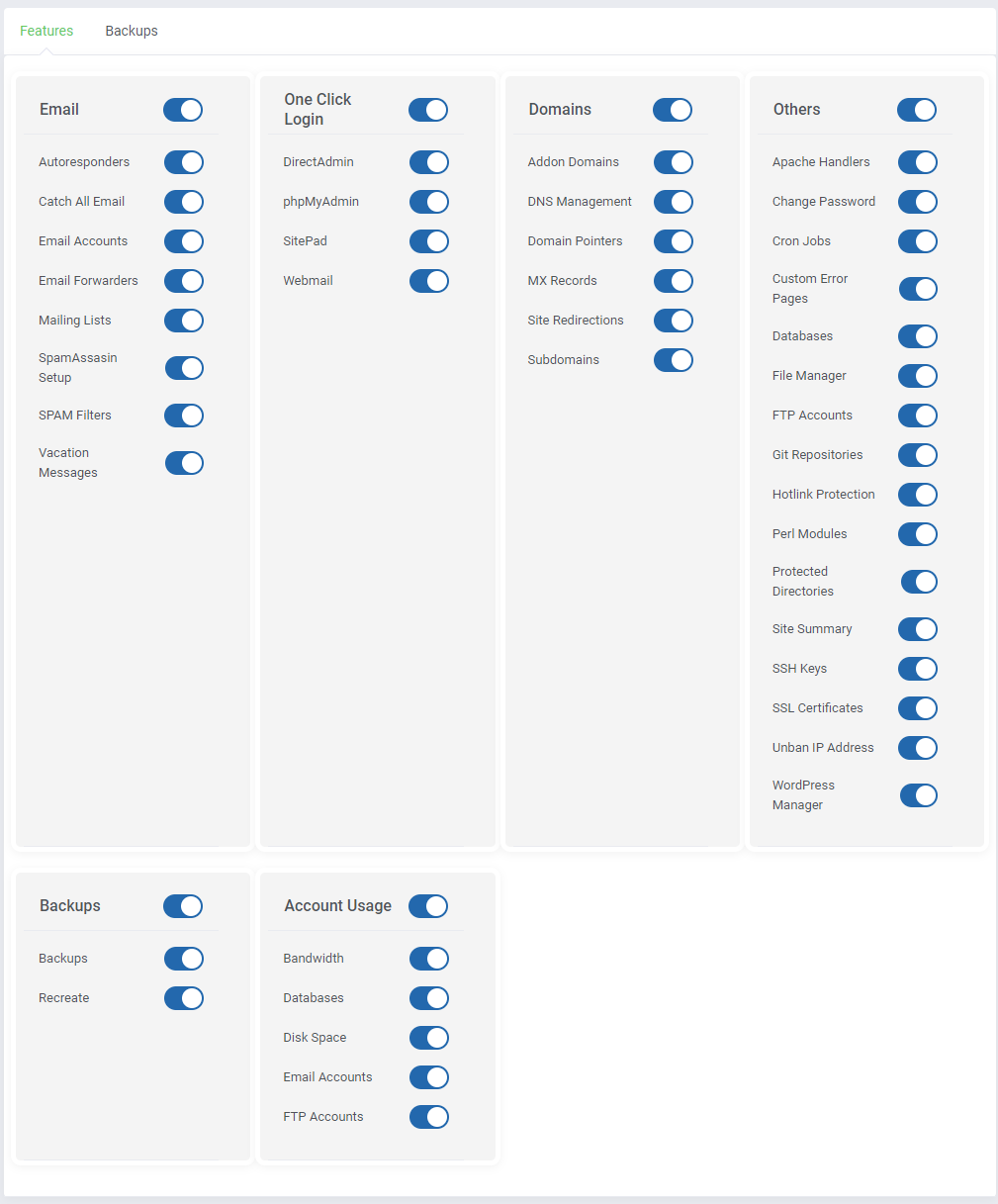 DirectAdmin Extended For WHMCS: product configuration with feature toggles for Email, Domains, Backups and more