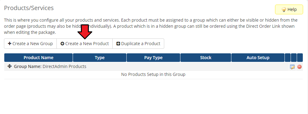 DirectAdmin Extended For WHMCS: product group page with the Create a New Product button