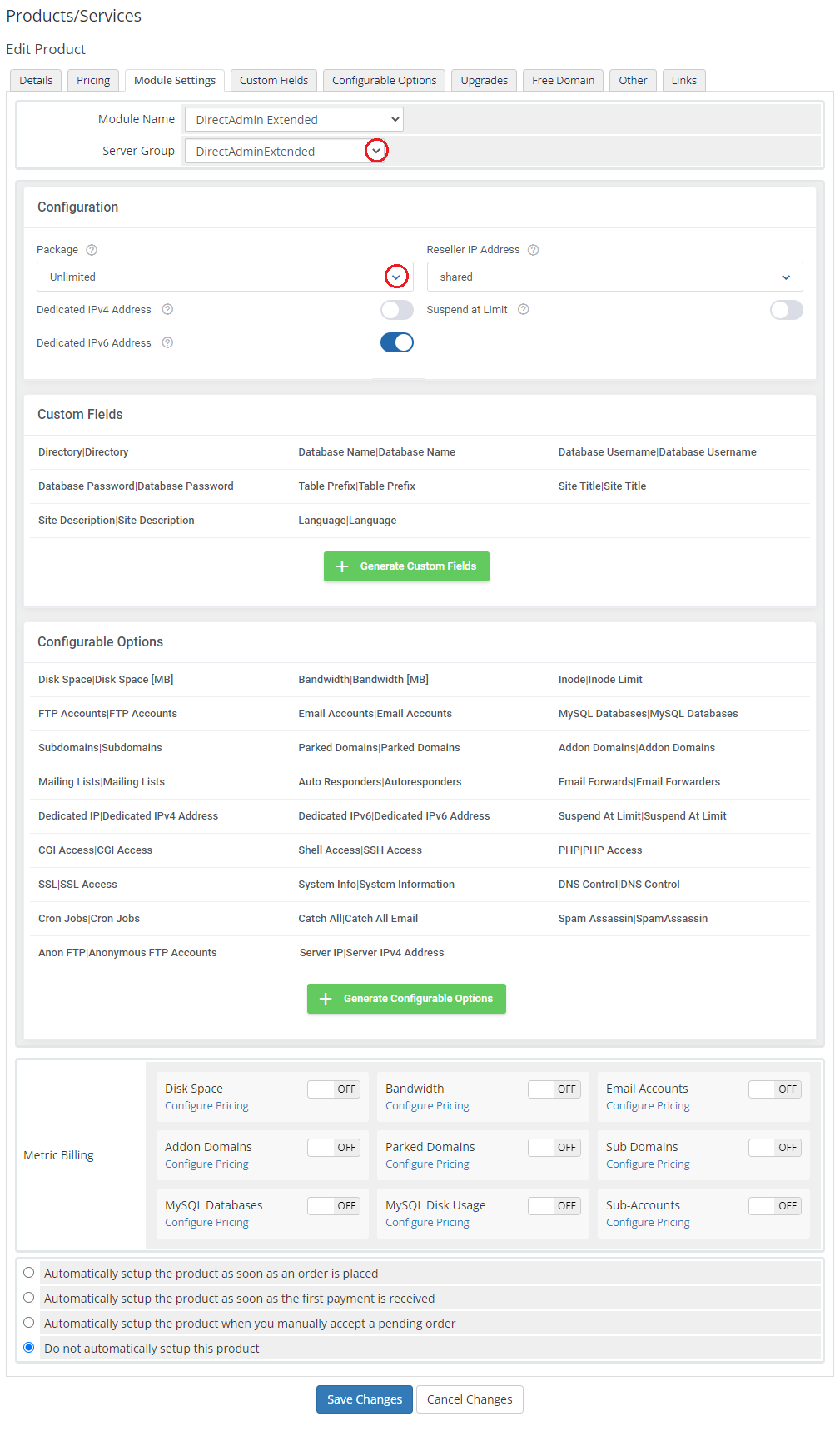 DirectAdmin Extended For WHMCS: product Module Settings tab with server group, package and billing options