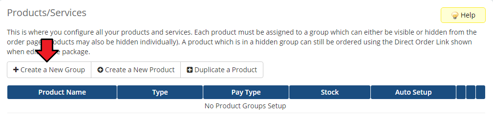 DirectAdmin Extended For WHMCS: Products/Services page with the Create a New Group button