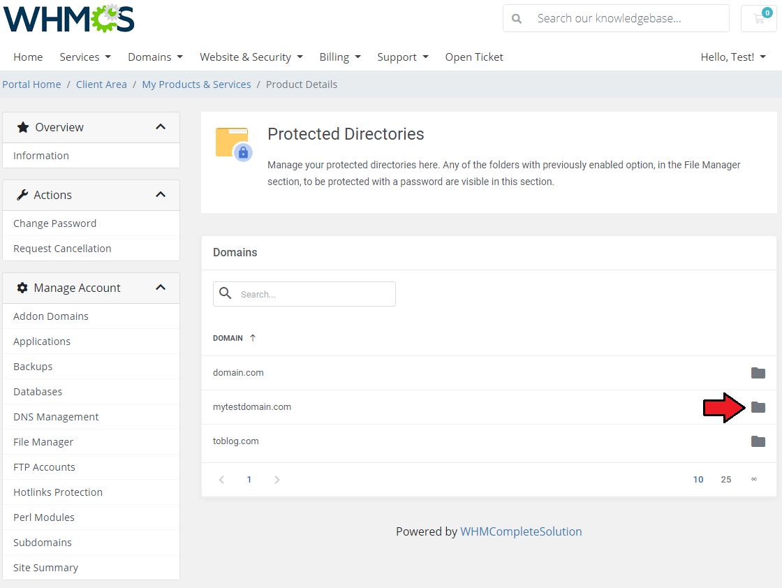 DirectAdmin Extended For WHMCS: Protected Directories domain list in the client area with the folder icon marked for a