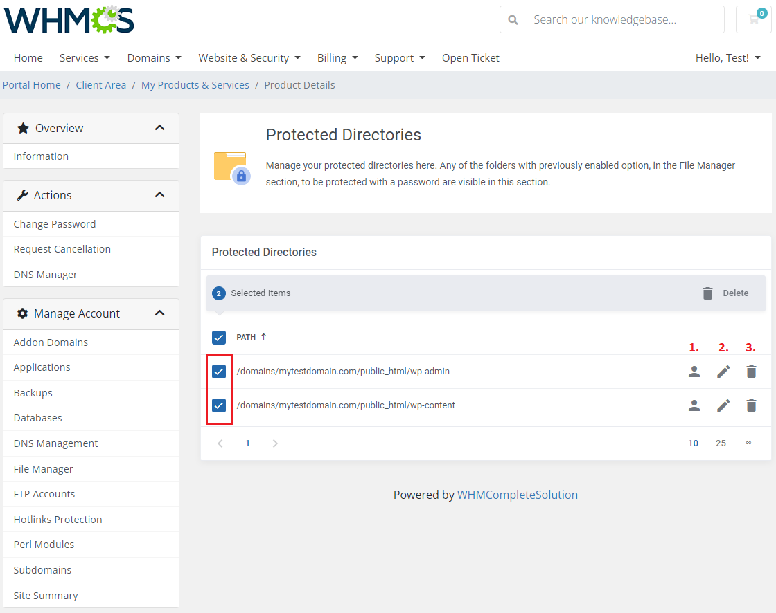DirectAdmin Extended For WHMCS: Protected Directories table with two selected paths, row action icons and mass delete