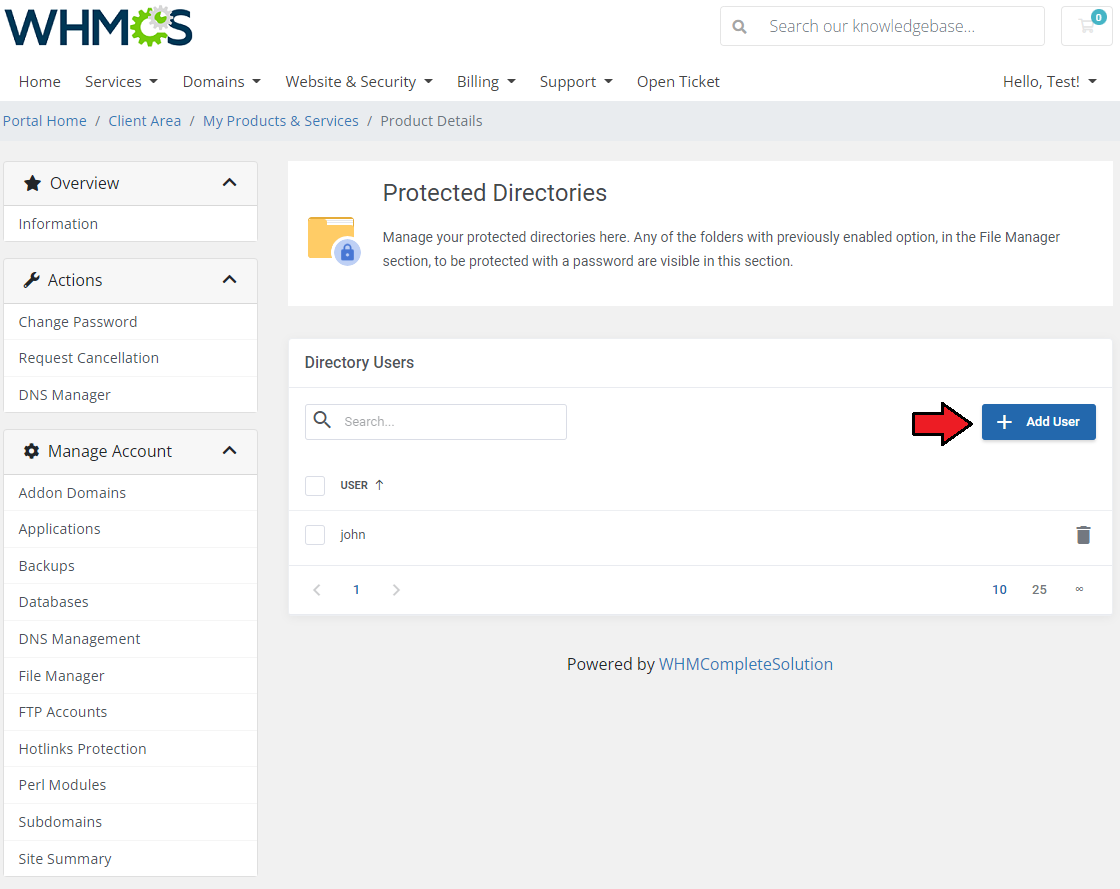 DirectAdmin Extended For WHMCS: Directory Users list with the Add User button marked by an arrow