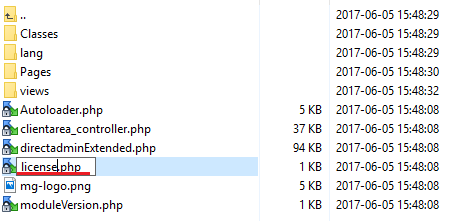 DirectAdmin Extended For WHMCS: file list with licenseRENAME.php being renamed to license.php