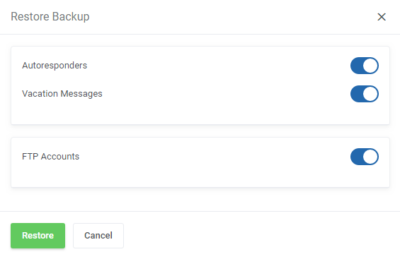 DirectAdmin Extended For WHMCS: Restore Backup dialog showing only the backed up features as toggles