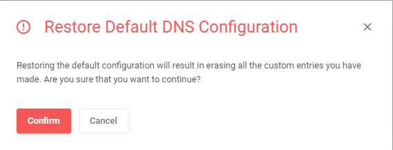 DirectAdmin Extended For WHMCS: Restore Default DNS Configuration dialog warning that custom entries will be erased