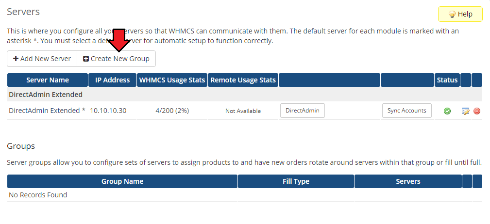 DirectAdmin Extended For WHMCS: Servers list with the new server and the Create New Group button