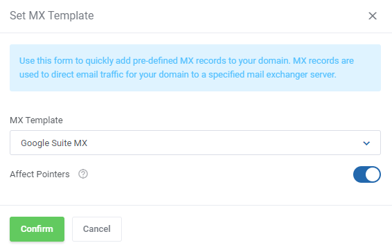 DirectAdmin Extended For WHMCS: Set MX Template dialog with a template selection and the Affect Pointers toggle