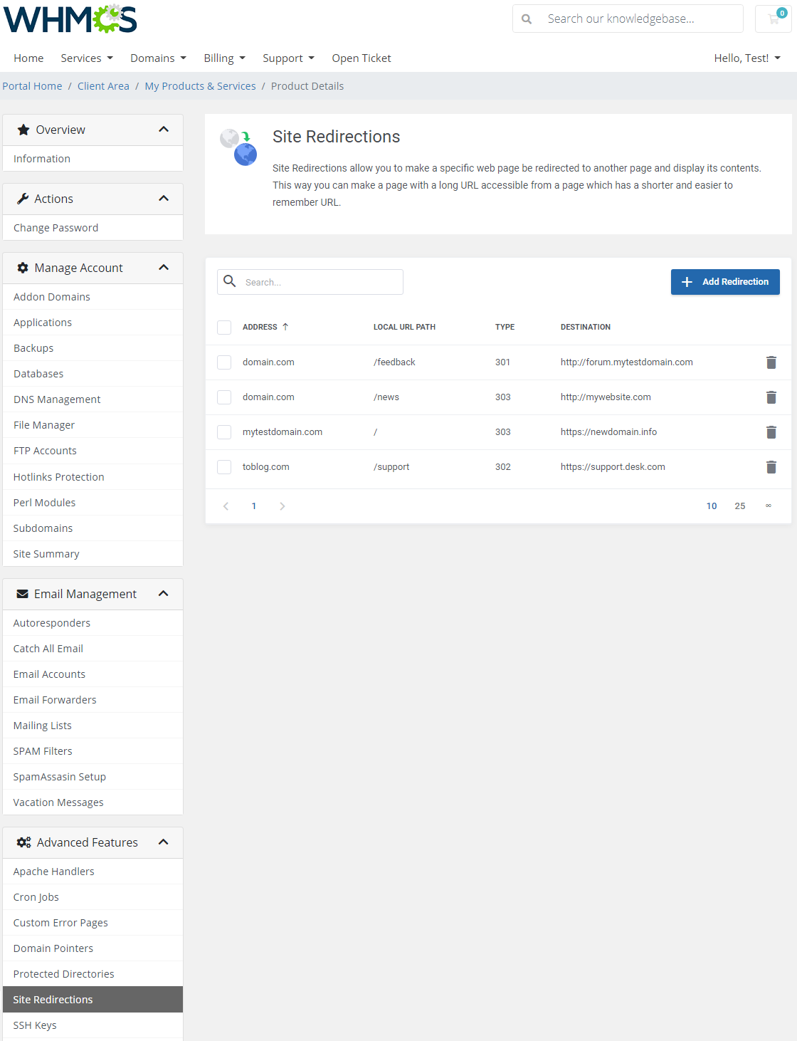 DirectAdmin Extended For WHMCS: Site Redirections list with address, local URL path, type and destination columns