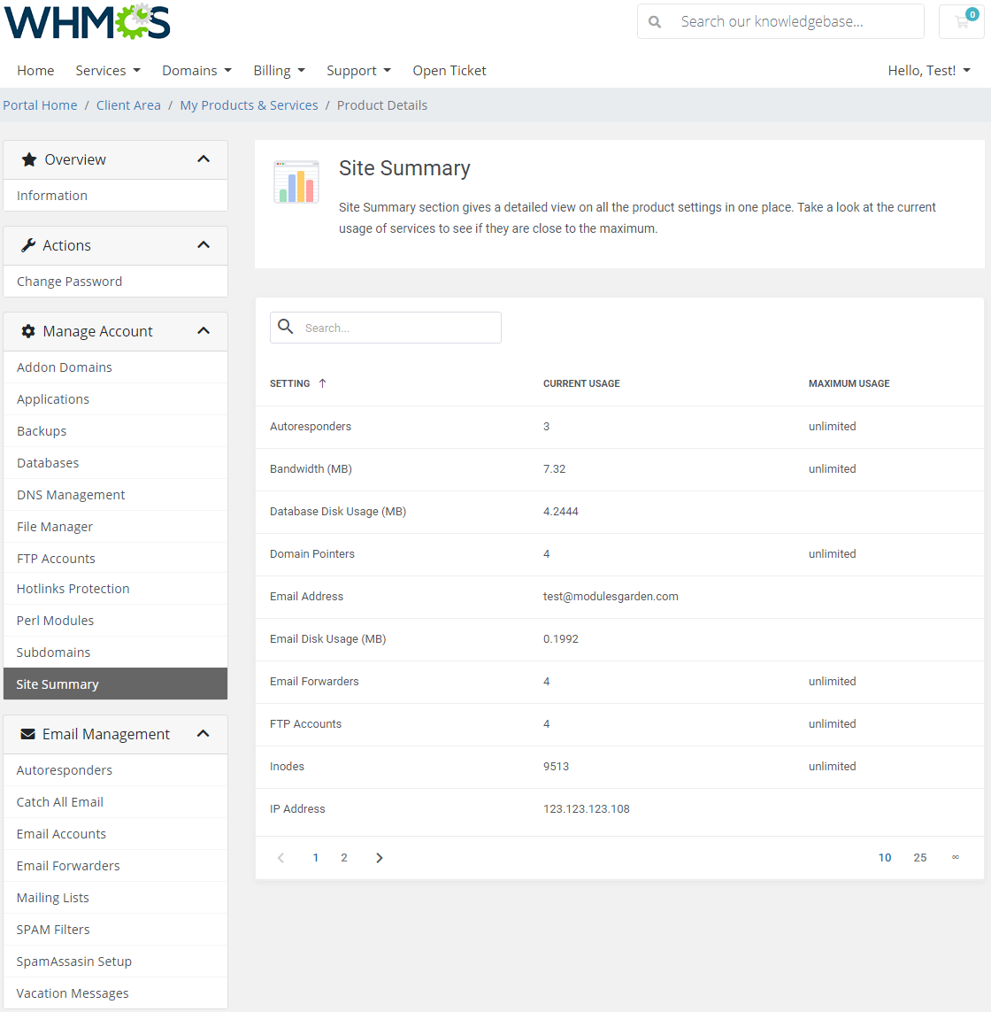 DirectAdmin Extended For WHMCS: Site Summary table with current and maximum usage of each setting in the client area
