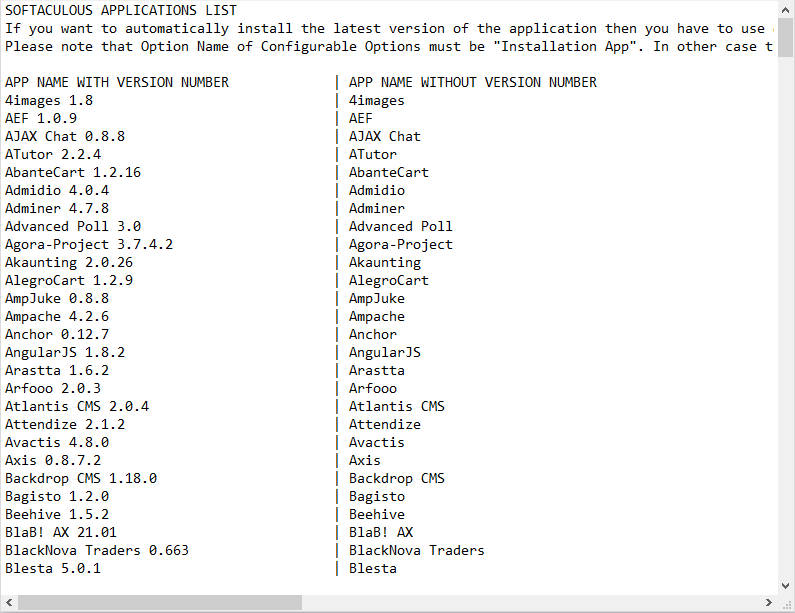 DirectAdmin Extended For WHMCS: Softaculous applications list in a text file with app names with and without version
