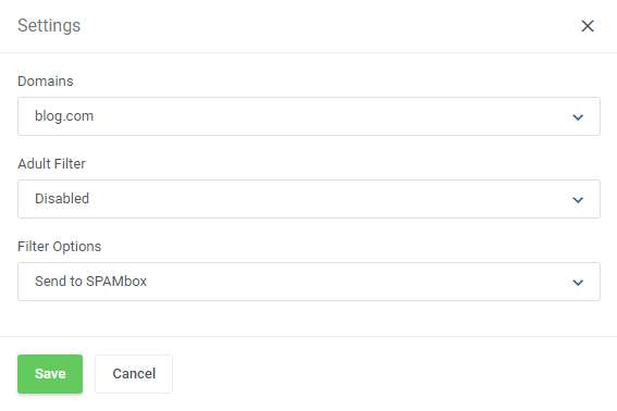 DirectAdmin Extended For WHMCS: SPAM Filters Settings dialog with domain, Adult Filter and Filter Options drop-down