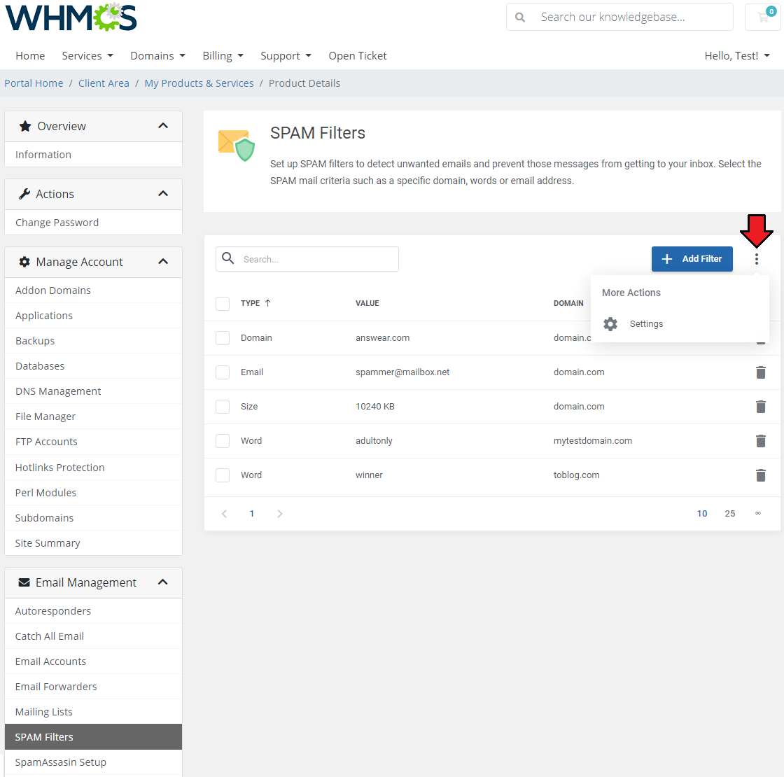 DirectAdmin Extended For WHMCS: SPAM Filters list with the More Actions menu and Settings option marked by a red arrow