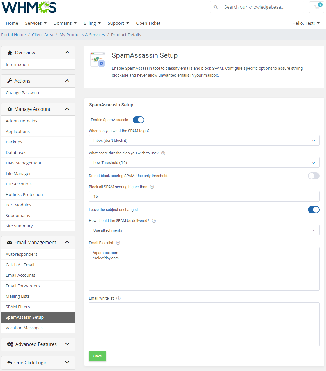 DirectAdmin Extended For WHMCS: SpamAssassin Setup page with threshold, blacklist and whitelist settings and the Save