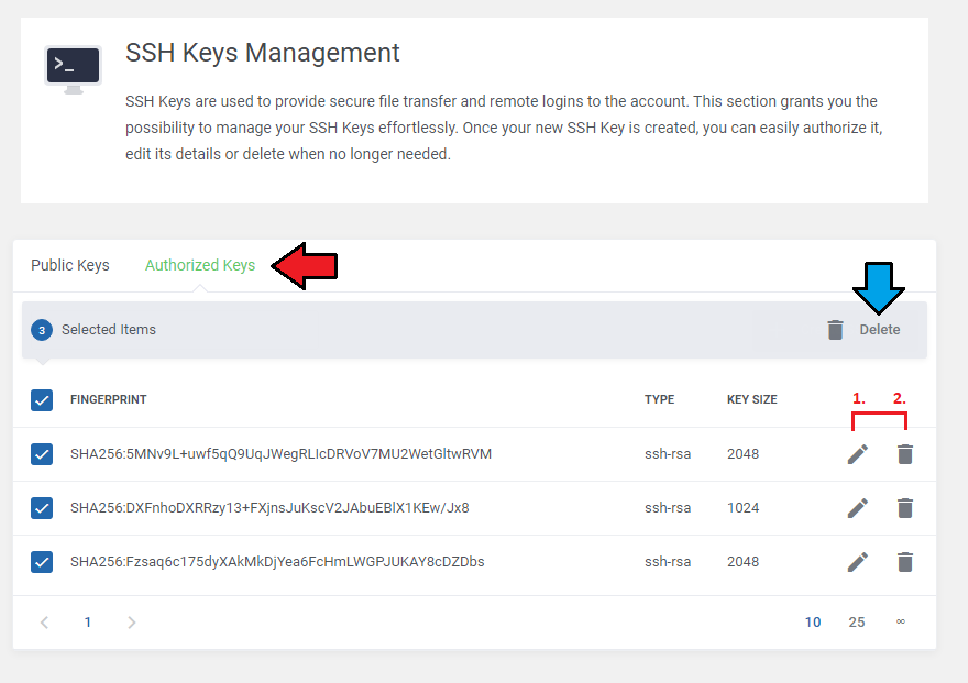 DirectAdmin Extended For WHMCS: Authorized Keys tab listing authorized SSH keys with edit and delete icons and mass